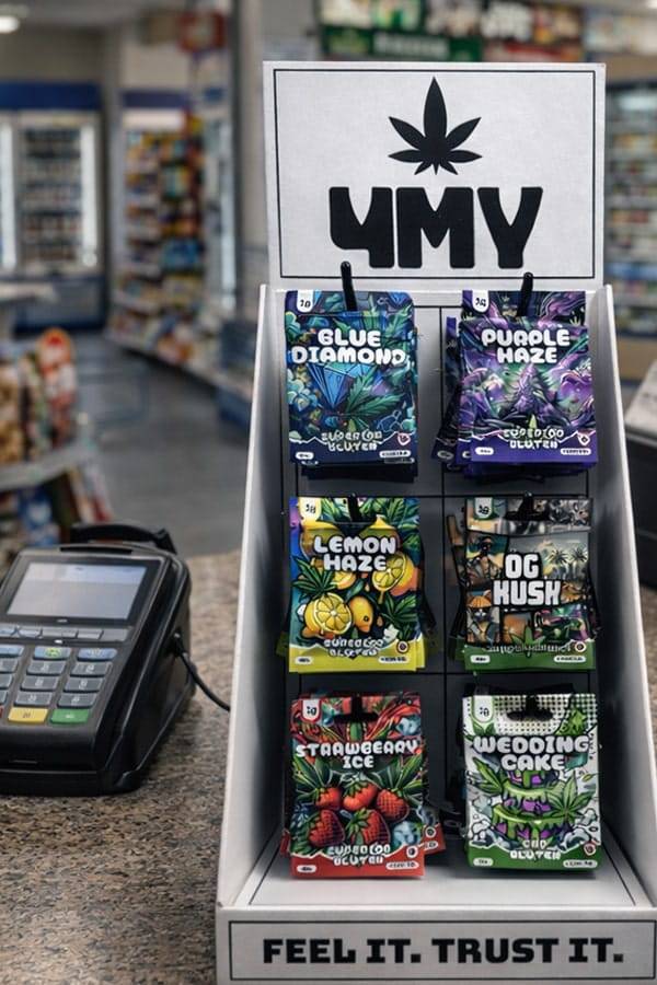 Produktaufsteller mit verschiedenen CBD Blüten im Shop als Beispiel für verantwortungsvolle Präsentation und transparente Auswahl