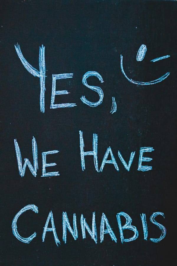 Einordnung von Cannabis und H2 Blüten im sachlichen Kontext Schriftzug „Yes, we have cannabis“ auf einer Tafel als Symbol für offene und sachliche Einordnung von Cannabisprodukten und H2 Blüten