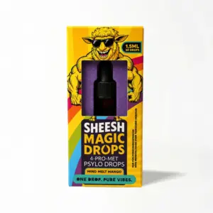 Bunte gelbe Verpackung auf der ein Schaaf abgebildet ist mit einer 4.Pro-Met Liquid Flasche
