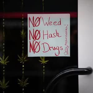 Handgeschriebenes Schild mit der Aufschrift „No Weed, No Hash, No Drugs“ an einer Glastür